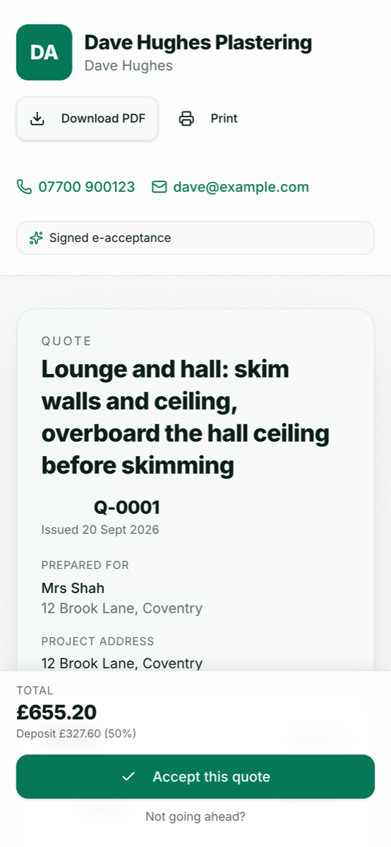 A customer's quote on a phone: the trade's name, the job, the total of £655.20, the deposit, and an Accept this quote button