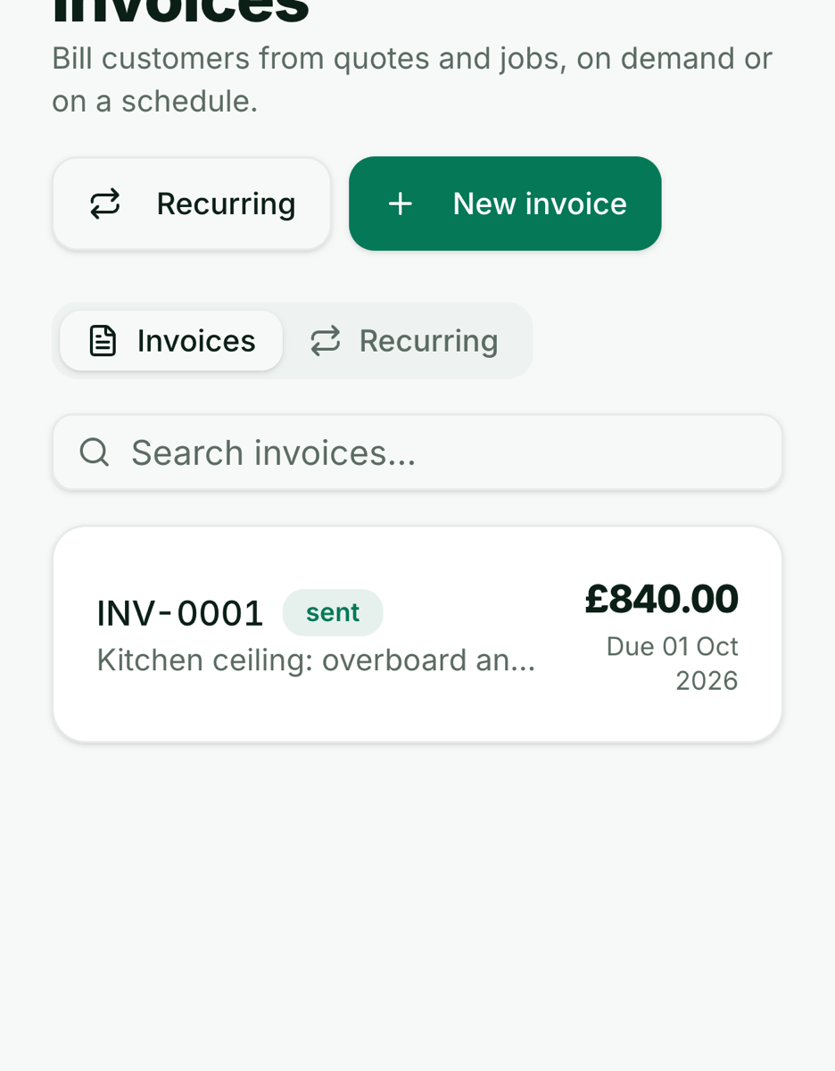The invoices screen: invoice INV-0001 for £840 marked sent, due the 1st of October