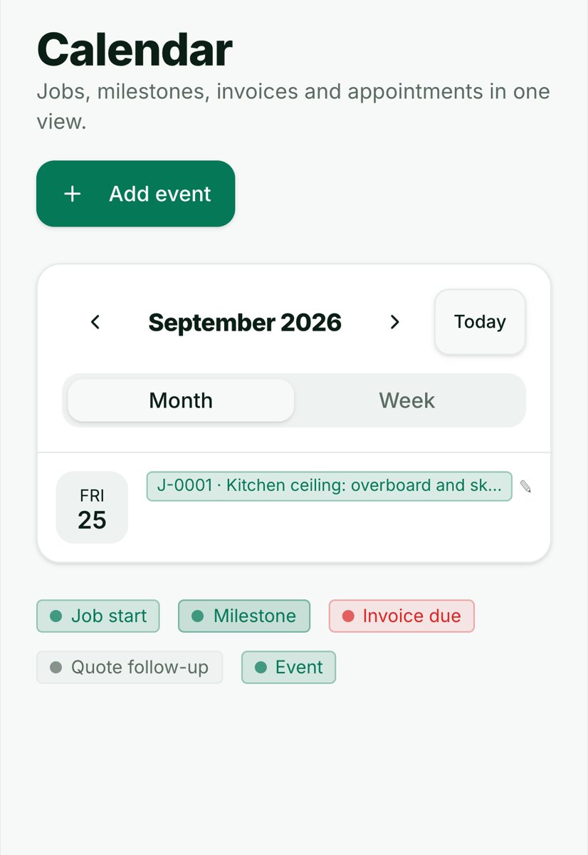 The calendar showing job J-0001, kitchen ceiling, booked for Friday the 25th, with a key for job starts, milestones, invoices due and quote follow-ups