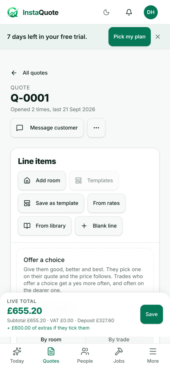 A quote being edited: line items, a live total of £655.20, the deposit, and a line showing £600 of extras if the customer ticks them